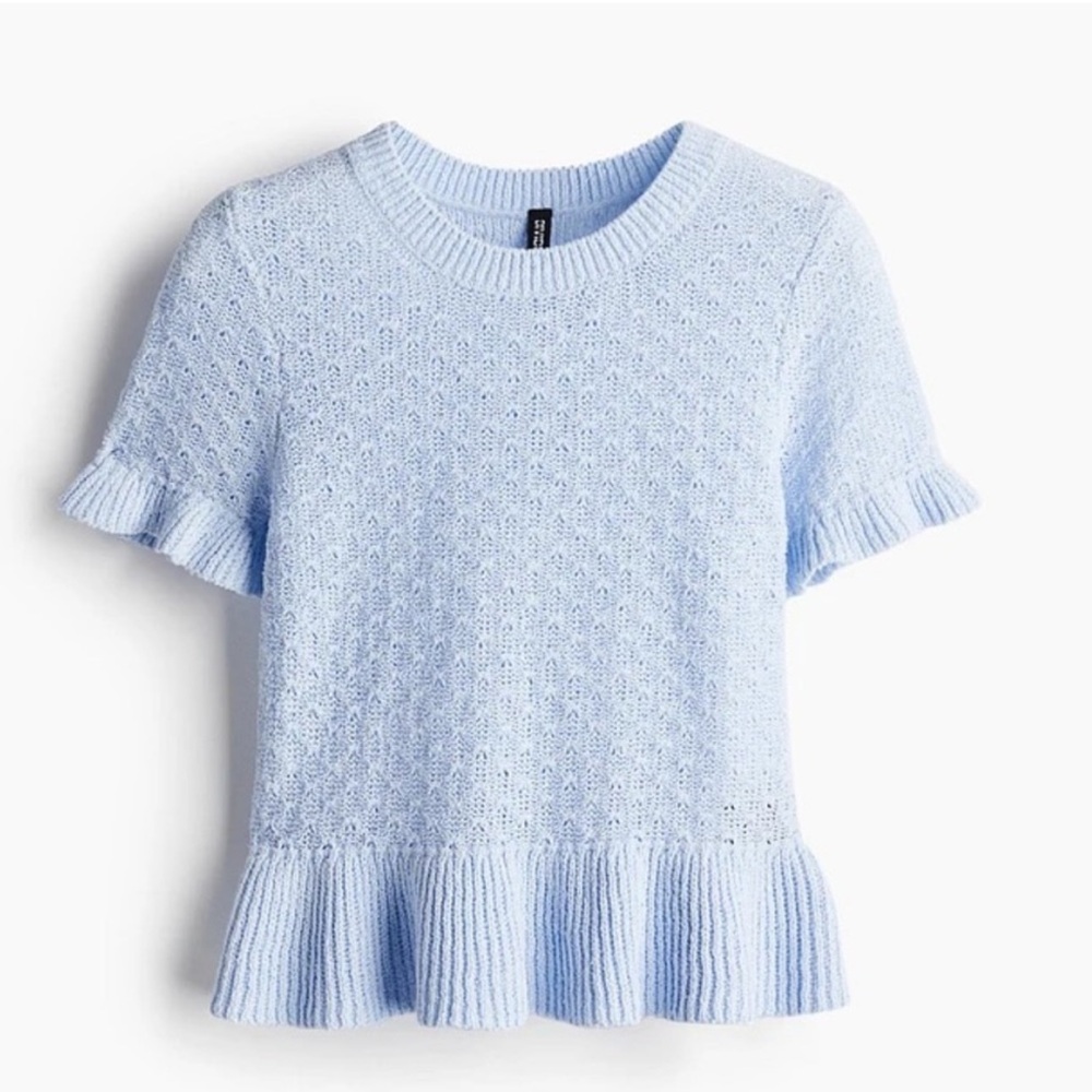 H&M Divided Blue Short Sleeve Peplum Flounce Pointelle-Knit Sweater Top Women S